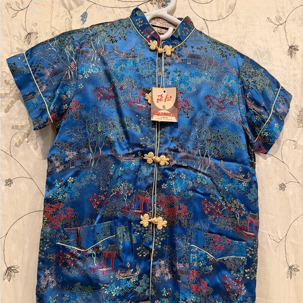 Blue Silk Men's Shirt with Traditional Design